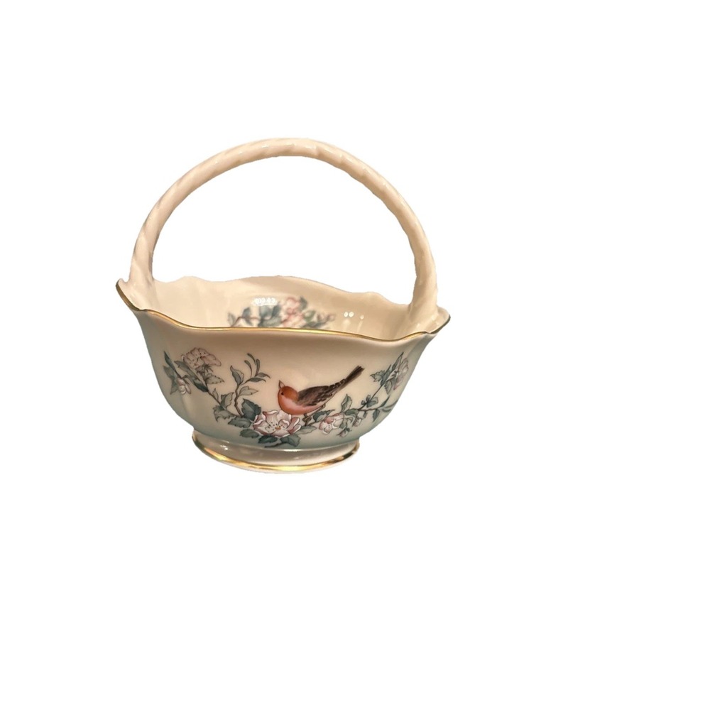 Lenox Serenade Bridal Basket Dish  W Handle‎ Decorated Birds 24k Gold Accent USA